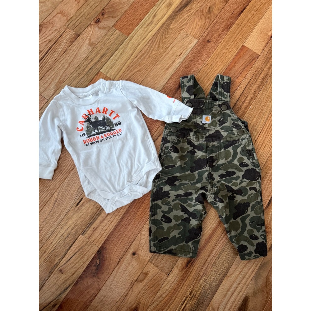 Carhartt Baby Boys 2-Piece Camo Overalls and Rough Rugged Onesie 6 monhs